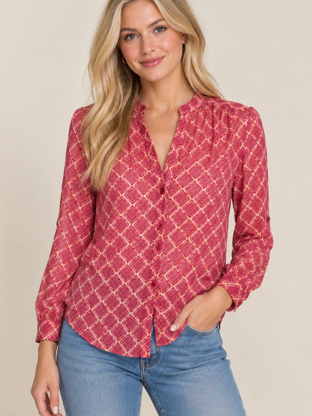 KUT from the Kloth Geometric Print Button Front Blouse Red Pink M